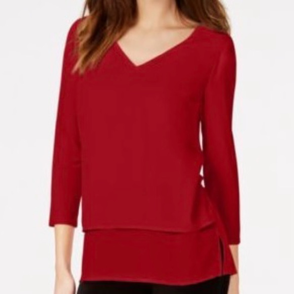 Michael Michael Kors Red V-Neck Faux Layered Tunic Top Sheer Bottom Medium NWT